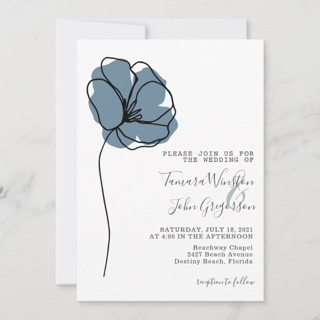 Simple Dusty Blue Floral Drawing Line Art Wedding Invitation (Front)