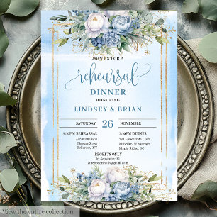 Simple Dusty Blue Floral Gold Frame Dinner Invite
