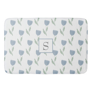 Simple Dusty Blue Floral Watercolor Monogram Bath Mat