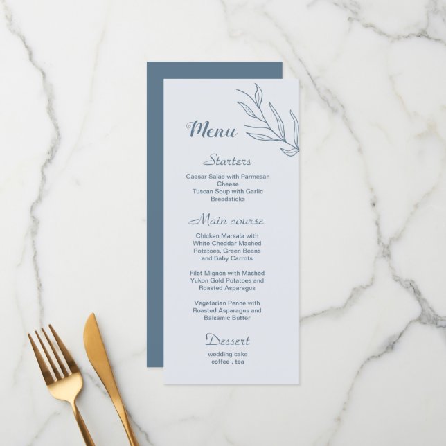 Simple dusty blue floral wedding menu (Front/Back In Situ)