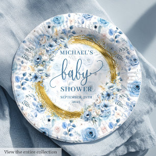 Simple dusty blue flowers gold boho watercolor paper plate