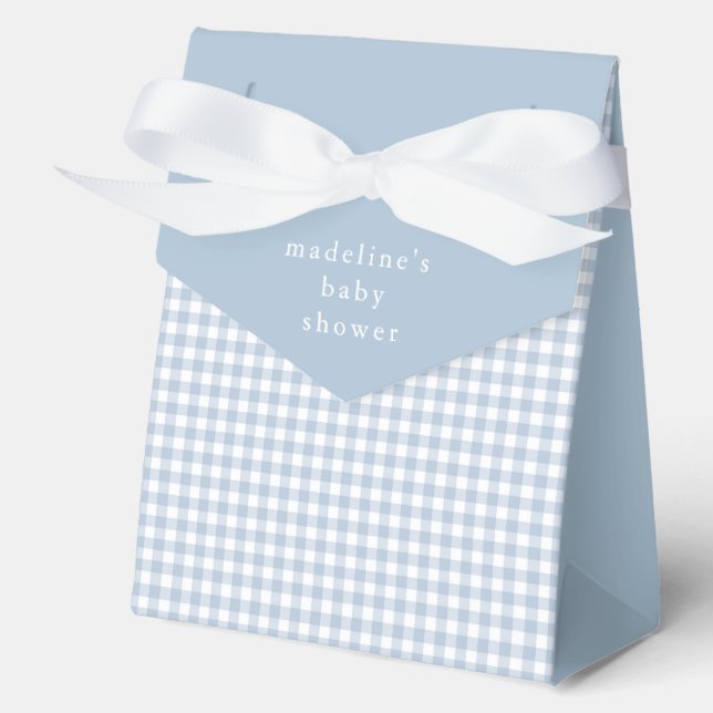 Simple Dusty Blue Gingham Boys Baby Shower Favour Box (Front)