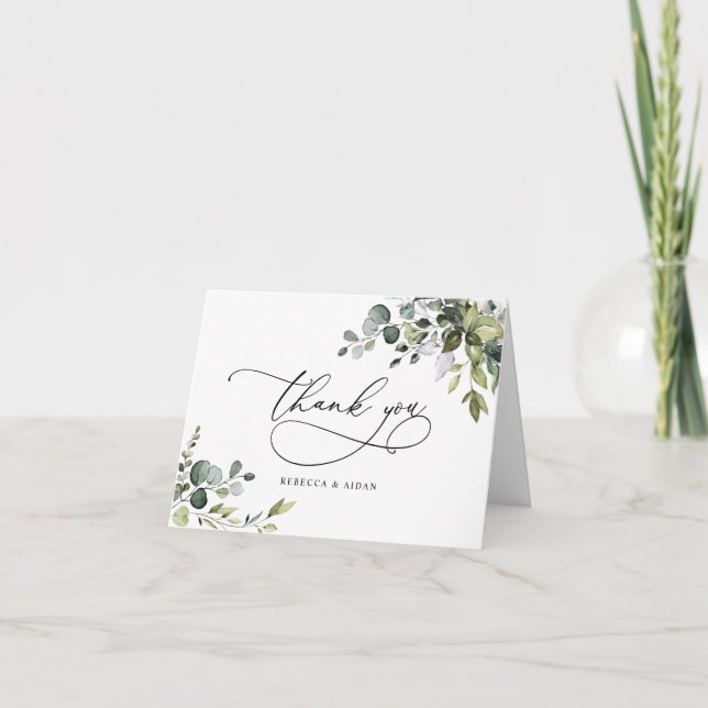 Simple Dusty Blue Greenery Wedding Thank You Card (Front)