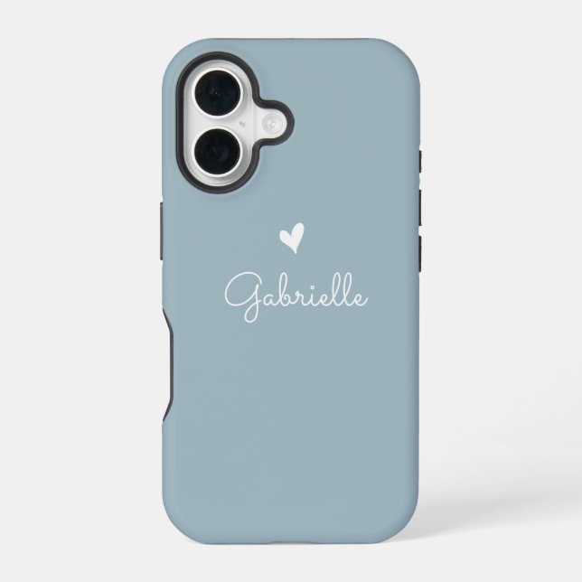 Simple Dusty Blue Heart with Script Name iPhone 16 Case (Back)