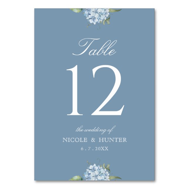 Simple Dusty Blue Hydrangea Wedding Table Number (Front)