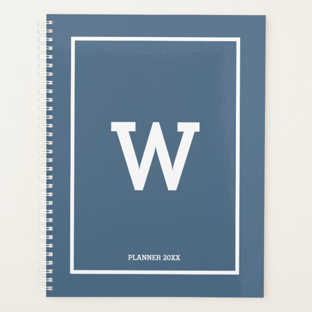 Simple Dusty Blue Initial Monogram Monthly Planner (Front)