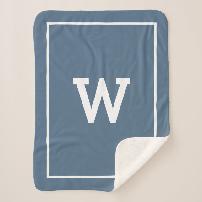 Simple Dusty Blue Initial Monogram Sherpa Blanket (Front)
