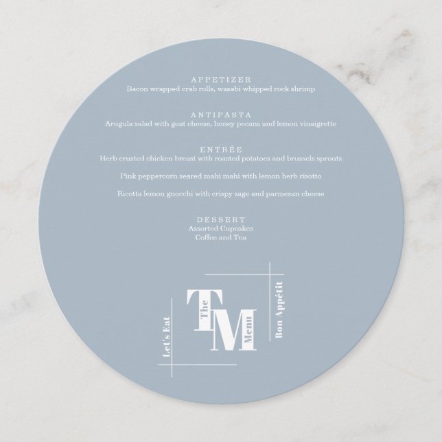 Simple Dusty Blue Modern Chic Wedding Thank You Menu (Front)