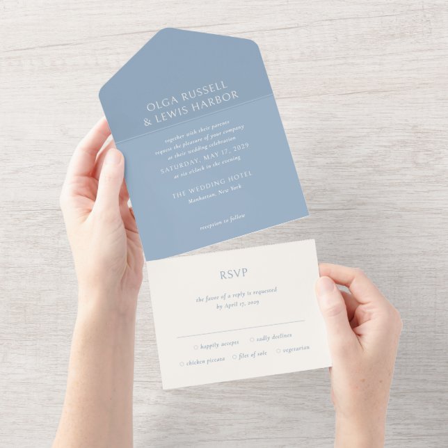 Simple Dusty Blue Modern Wedding All In One Invitation (Tearaway)