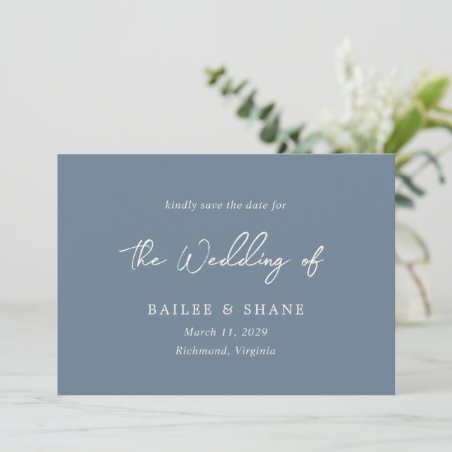 Simple Dusty Blue Modern Wedding Save The Date (Standing Front)