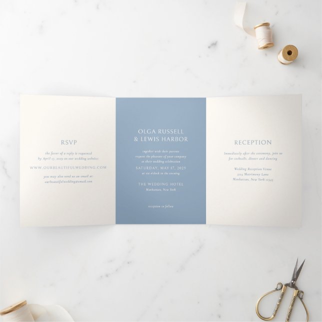Simple Dusty Blue Modern Wedding Tri-Fold Invitation (Inside)