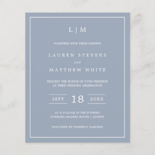Simple Dusty Blue Monogram Budget Wedding Invite