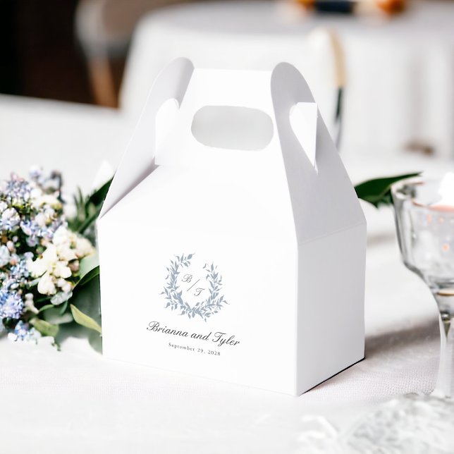 Simple Dusty Blue Monogram Crest Wedding Favour Box (This style favor box available in 3 sizes.)