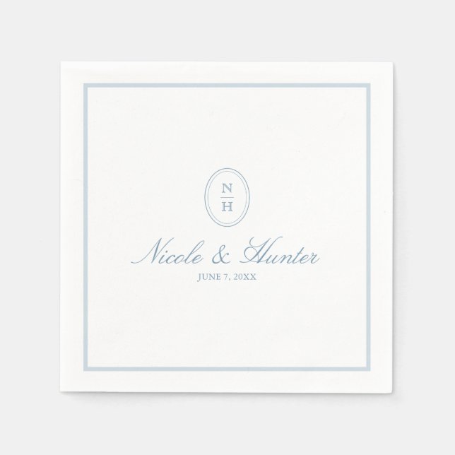 Simple Dusty Blue Monogram Crest Wedding Napkin (Front)