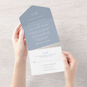 Simple Dusty Blue Monogram Elegant Wedding All In One Invitation