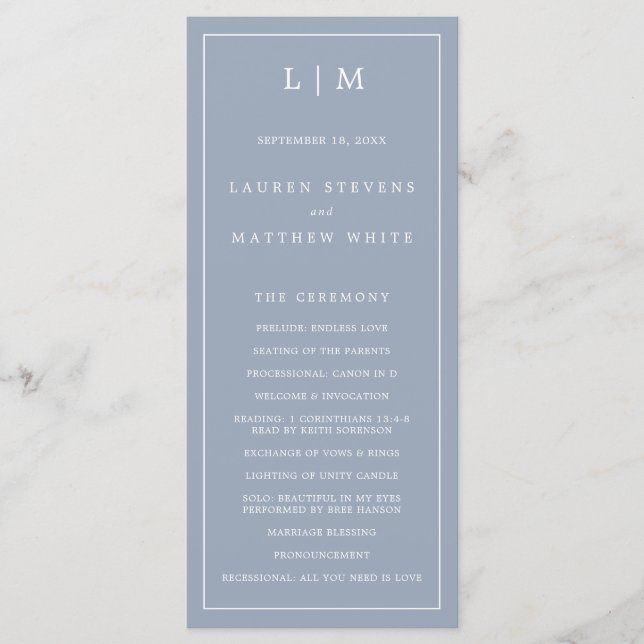 Simple Dusty Blue Monogram Elegant Wedding Program (Front)