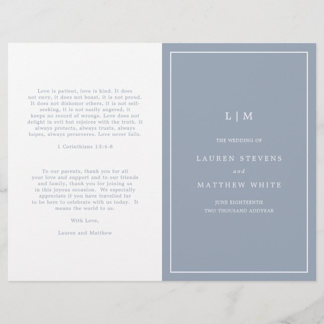 Simple Dusty Blue Monogram Elegant Wedding Program (Front)