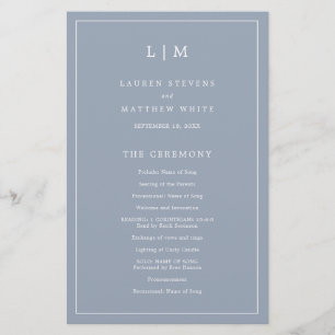 Simple Dusty Blue Monogram Elegant Wedding Program Flyer