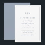 Simple Dusty Blue Monogram Elegant Wedding Save The Date<br><div class="desc">Simple save the date card featuring a modern yet elegant design with your two letter monogram at the top and your wedding details surrounded by a thin border. All text is in dusty blue over a white background and may be changed to any colours you wish in the design editing...</div>