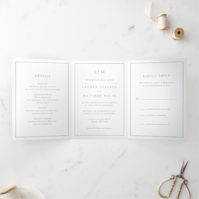 Simple Dusty Blue Monogram Elegant Wedding Tri-Fold Invitation (Inside)