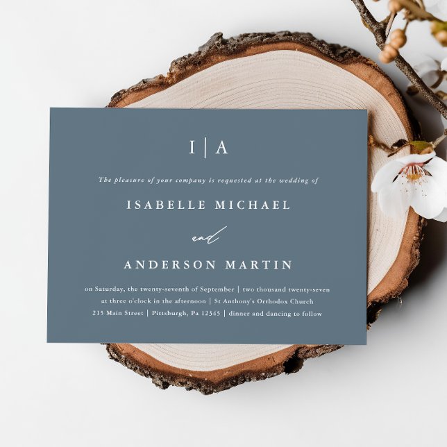 Simple Dusty Blue Monogram Photo Wedding Invitation (Creator Uploaded)