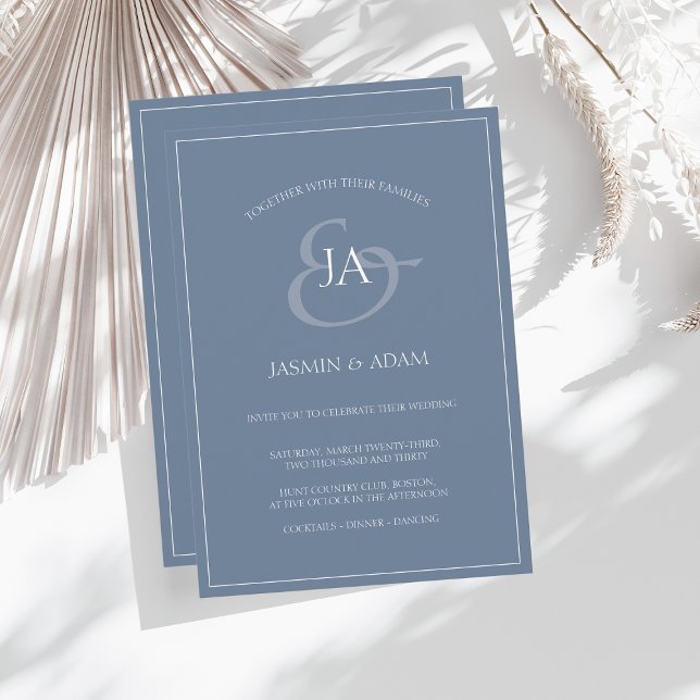 Simple Dusty Blue Monogram Wedding Invitation (Creator Uploaded)