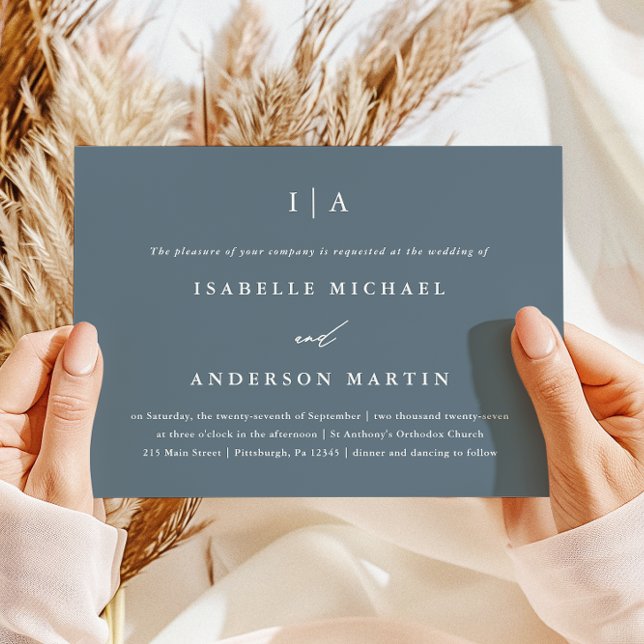 Simple Dusty Blue Monogram Wedding Invitation (Creator Uploaded)