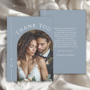 Simple Dusty Blue Monogram Wedding Photo Thank You Card