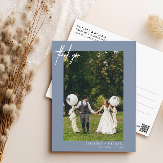 Simple Dusty Blue Photo Modern Thank You Postcard (Elegant hand lettered thank you wedding postcard with a minimalistic design perfect for any couple.)
