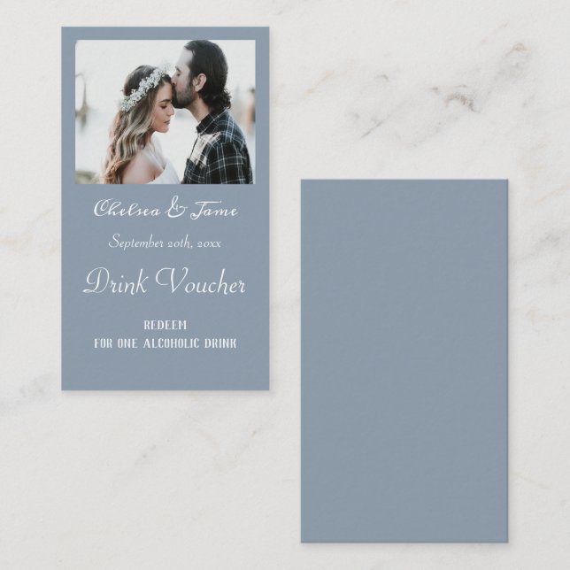 Simple Dusty Blue Photo Wedding Drink Ticket Cards (Front/Back)