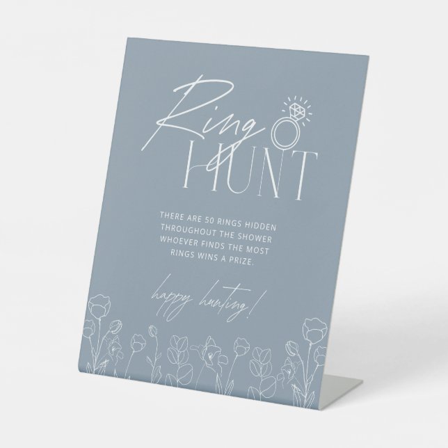 Simple Dusty Blue Ring Hunt Bridal Shower Game  Pedestal Sign (Front)