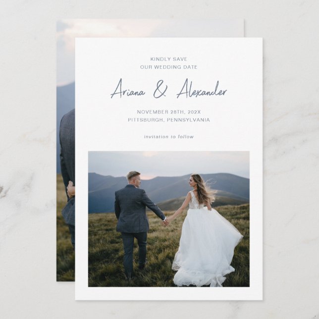 Simple Dusty Blue Script Photo Wedding Save The Date (Front/Back)
