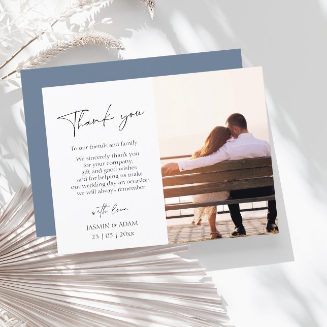 Simple Dusty Blue Script Photo Wedding Thank You Postcard (Creator Uploaded)