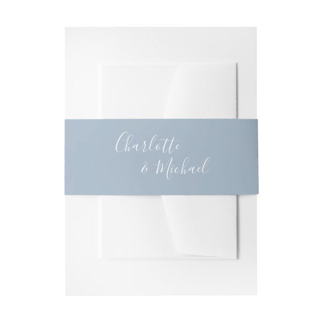 Simple Dusty Blue Signature Script Invitation Belly Band (Front Example)