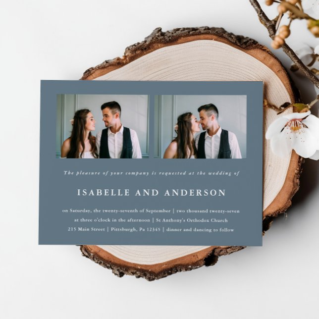Simple Dusty Blue Two Photo Wedding Invitation (Creator Uploaded)