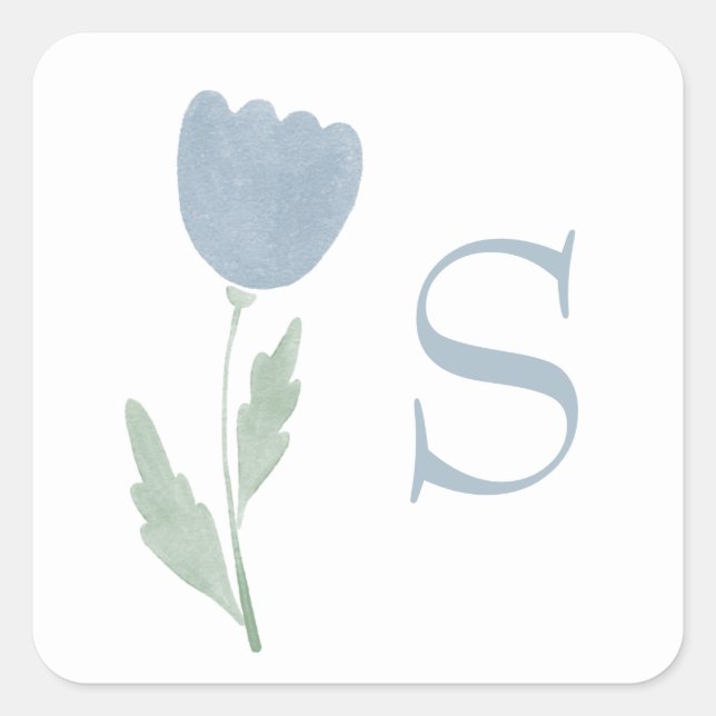 Simple Dusty Blue Watercolor Floral Monogram Square Sticker (Front)