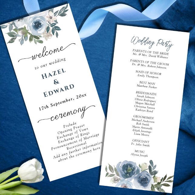 Simple Dusty blue Watercolor floral Wedding Program (Creator Uploaded)