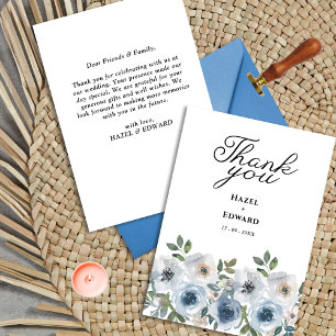 Simple Dusty Blue Watercolor Floral Wedding Thank You Card