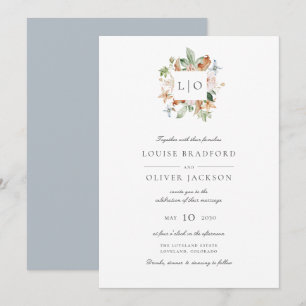 Simple Dusty Blue Watercolor Monogram Wedding Invitation