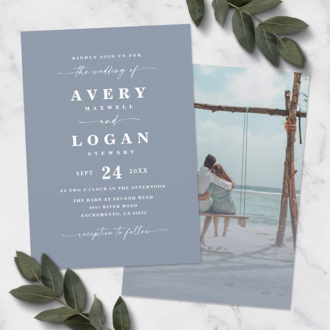 Simple Dusty Blue Wedding Invitation with Photo (Creator Uploaded)