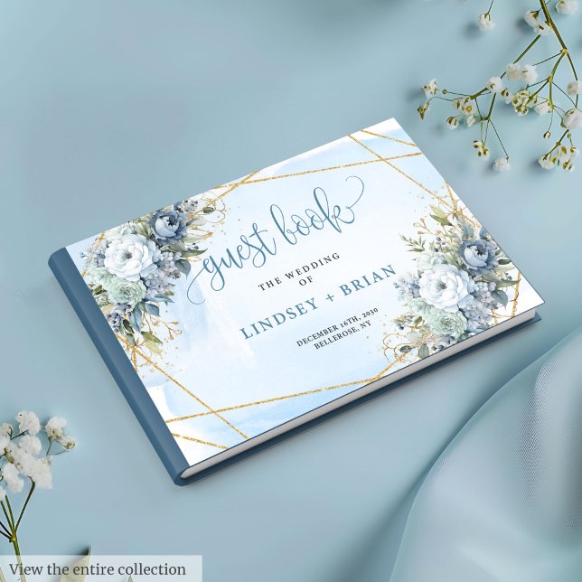 Simple Dusty Blue White Gold Flowers Guest Book (Glam Blue Peonies White Gold Wedding Guest Book

)