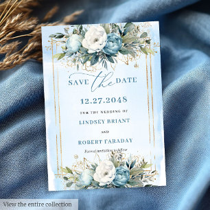 Simple Dusty Blue White Gold Peonies Save The Date Invitation