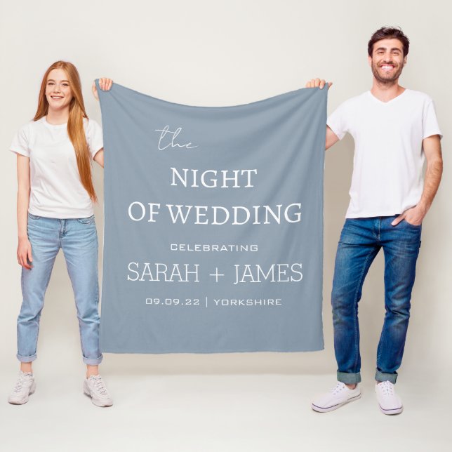 Simple Dusty Blue & White Name Date Wedding  Fleece Blanket (In Situ)