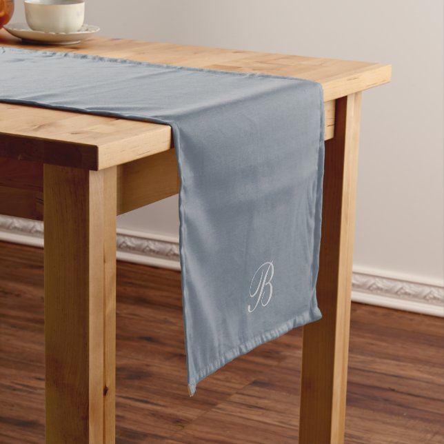 Simple Dusty Blue with Monogram Initial Short Table Runner (In Situ)