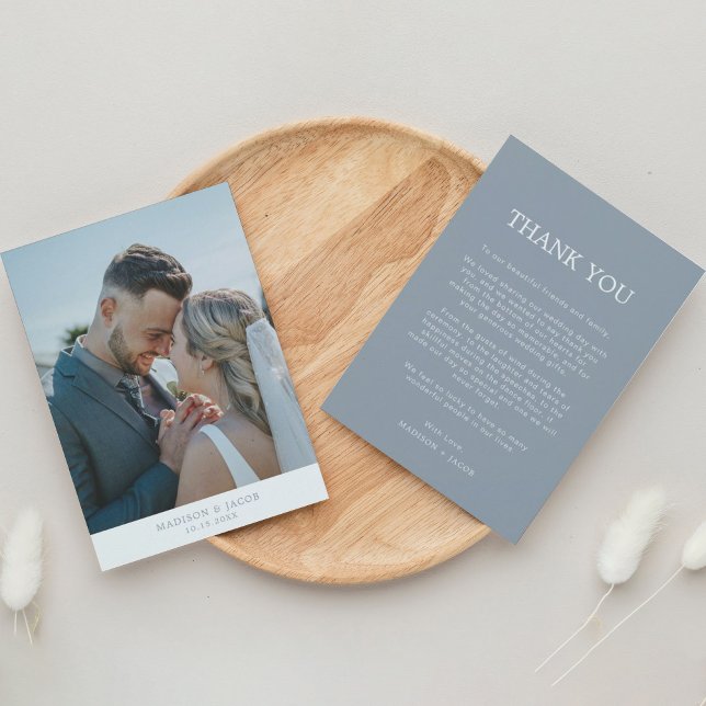 Simple Dusty Blue With Photo Wedding Thank You Card (Creator Uploaded)