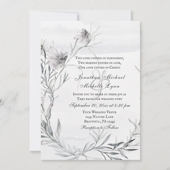Simple Dusty Gray Pencil Flowers Christian Wedding Invitation (Front)