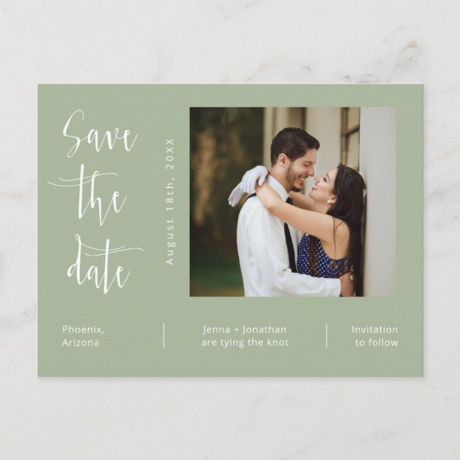 Simple Dusty Green Photo QR Code Save The Date Postcard (Front)