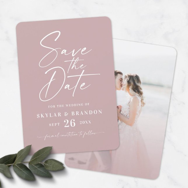 Simple Dusty Mauve Pink with Script Photo Wedding Save The Date (Creator Uploaded)