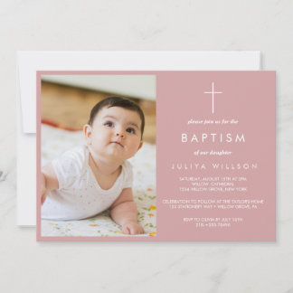 Simple Dusty pink Baptism photo Invitation
