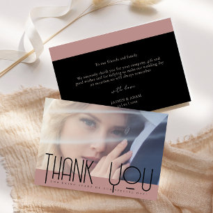 Simple Dusty Pink Black Photo Wedding Thank You Card